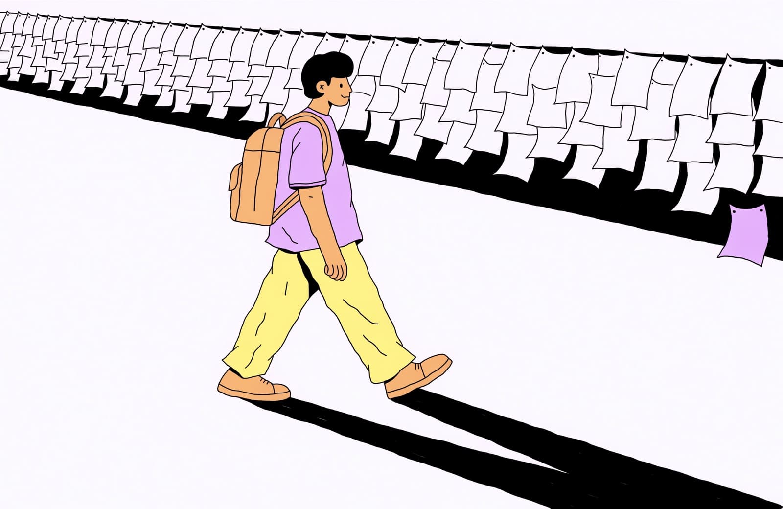 A college noticeboard thick with blank notices, one lilac sheet buried at the bottom, a student walking past without looking