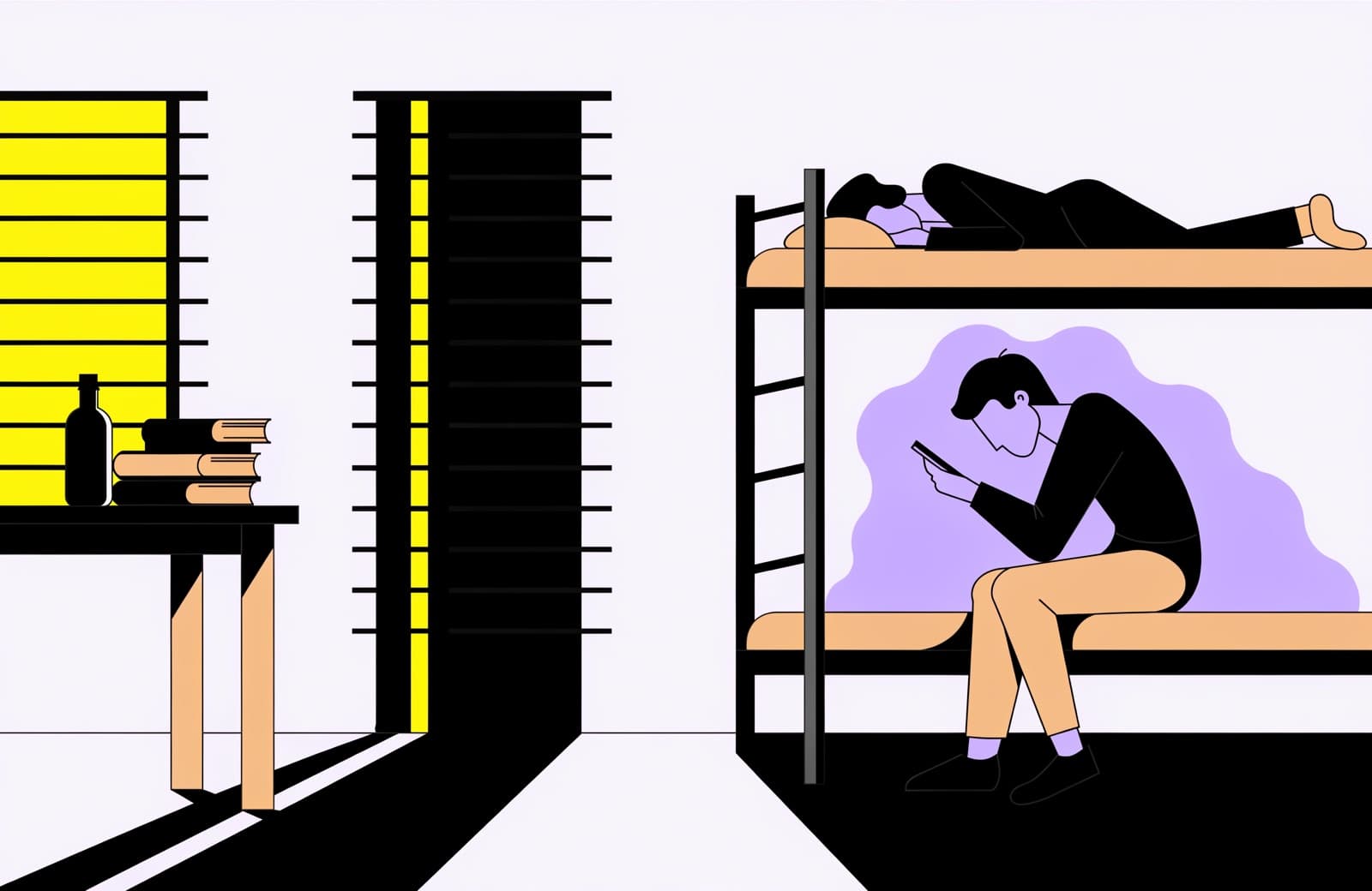 A student sitting awake on a hostel bunk lit by a phone, a roommate asleep in the bunk above